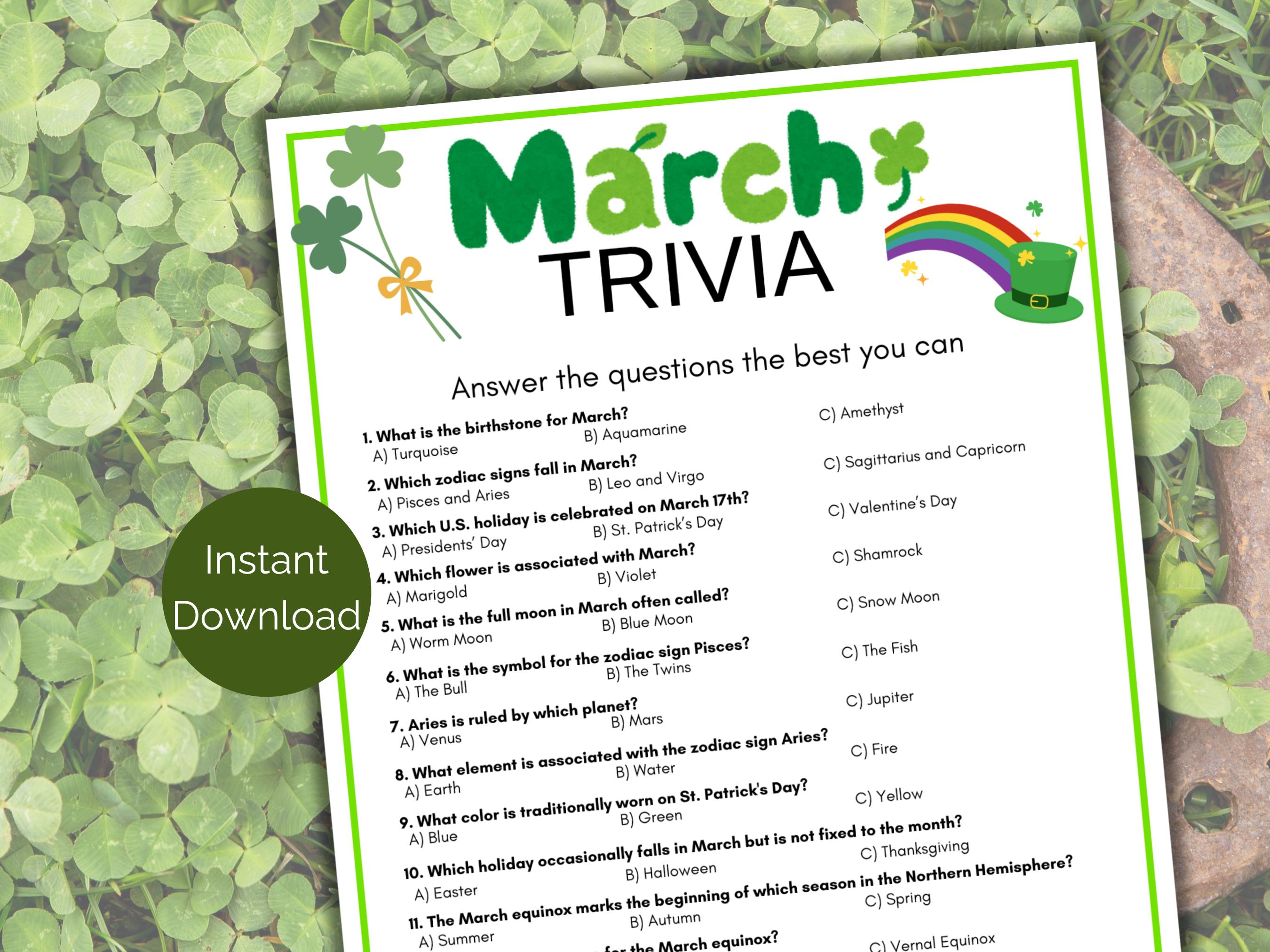 March Trivia Game, March Quiz, Printable Month Party Games for Kids ...