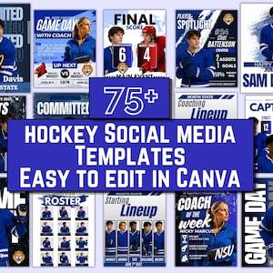 Mallar för sociala medier för hockey, redigerbara inlägg för sociala medier för sport, hockeygrafik för matchscheman, spelarfokus