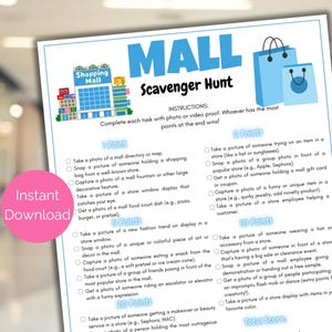 Mall Scavenger Hunt, Teen Scavenger Hunt, Mall Birthday Party Game for Teens, Photo Scavenger Hunt for Teens, Teen Birthday Party Game