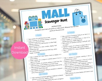 Mall Scavenger Hunt, Teen Scavenger Hunt, Mall Birthday Party Game for Teens, Photo Scavenger Hunt for Teens, Teen Birthday Party Game