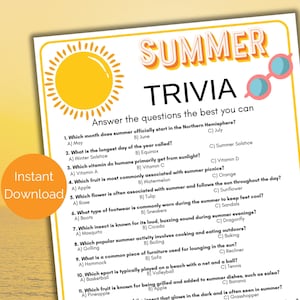 Summer Trivia Game, Summer Quiz, Printable Summer Game, Summer Party Game for cookouts and picnics, Summer Activity for kids and adults