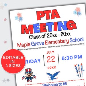 EDITABLE PTO PTA July Meeting Flyer Template, Pto/Pta Information Meeting Flyer, Seasonal  pta Meeting Flyer, Summer Pta Meeting Reminder
