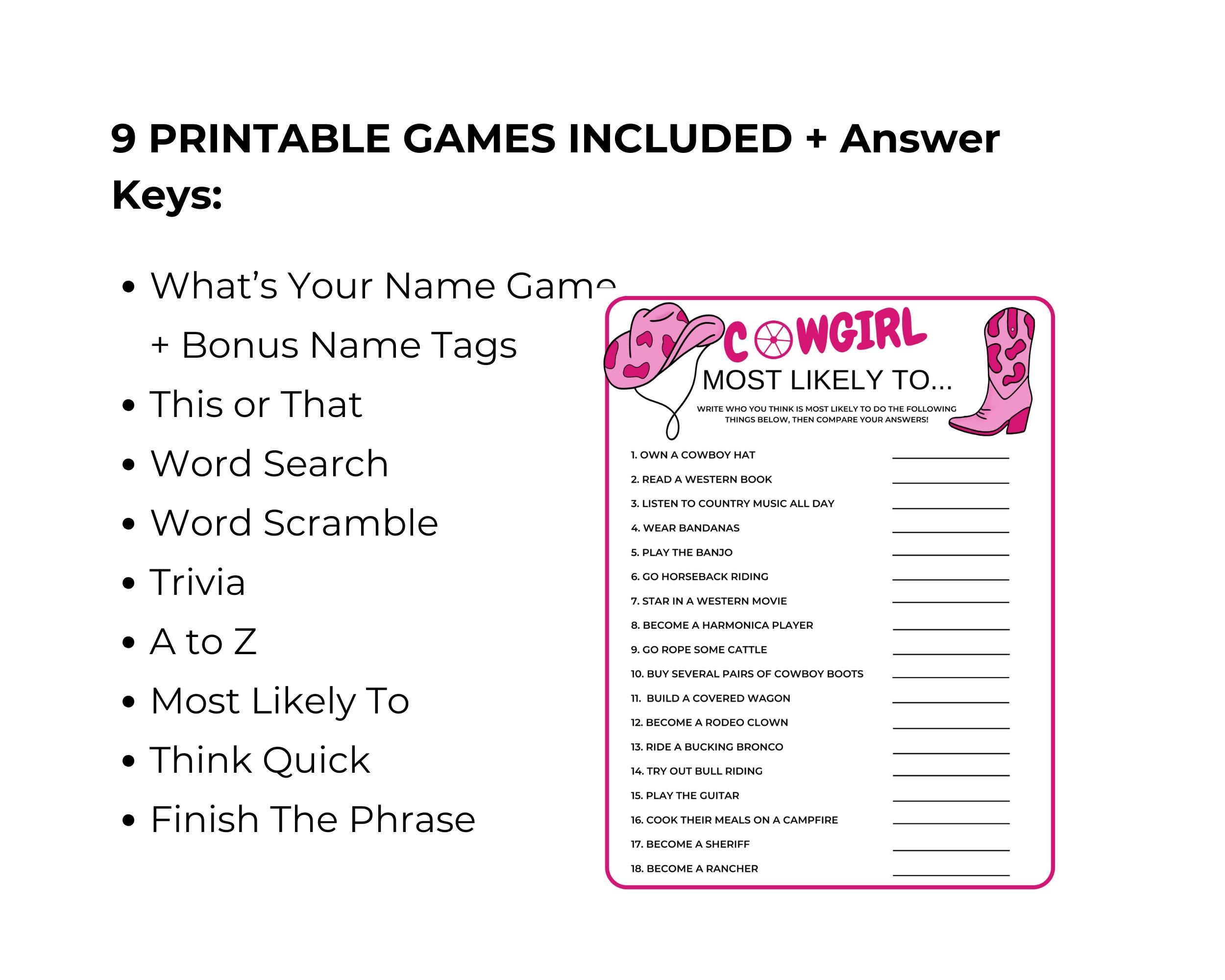 Cowgirl Game Bundle, Printable Cowgirl Party Games, Cowgirl Birthday ...