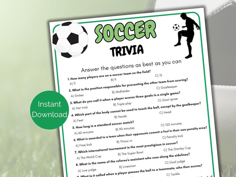 Soccer Trivia Game, Soccer Quiz, Printable Soccer Team Party Games