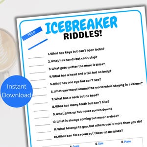 Icebreaker Jokes, Printable Icebreaker Riddles, Icebreaker Game for family reunions, office party, Happy Hour Games, Team Building Game