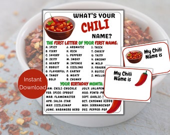 What's Your Chili Name Game + Name Tags, Chili Party Game, Chili Cookoff Activity, Chili Themed Party Printable for kids and adults
