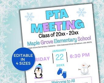 BEWERKBARE PTO PTA-flyer voor vergadering januari, flyer voor vergadering vb/vv-informatie, seizoensgebonden pta-vergaderflyer, herinnering winterpret vergadering