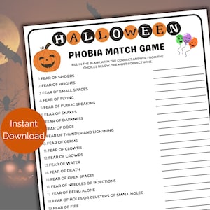 Halloweennamn Fobispelet, Utskrivbart Halloween-trivia för barn + vuxna, Halloweenfestaktivitet, Halloweenfestspel, Fobimatchning