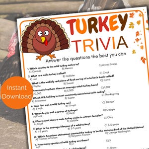 Turkey Trivia Game, Turkey Quiz, Thanksgiving Party Games, Friendsgiving Game, Printable Thanksgiving Activity for kids and adults,