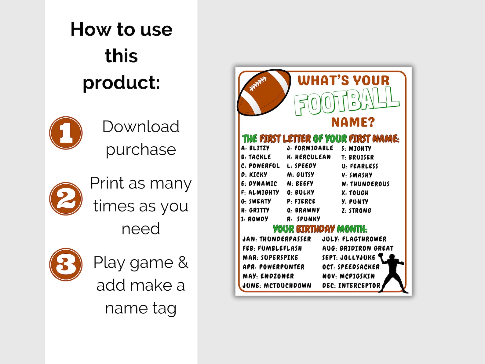 What's Your Football Name Game + Name Tags, Football Party Game ...