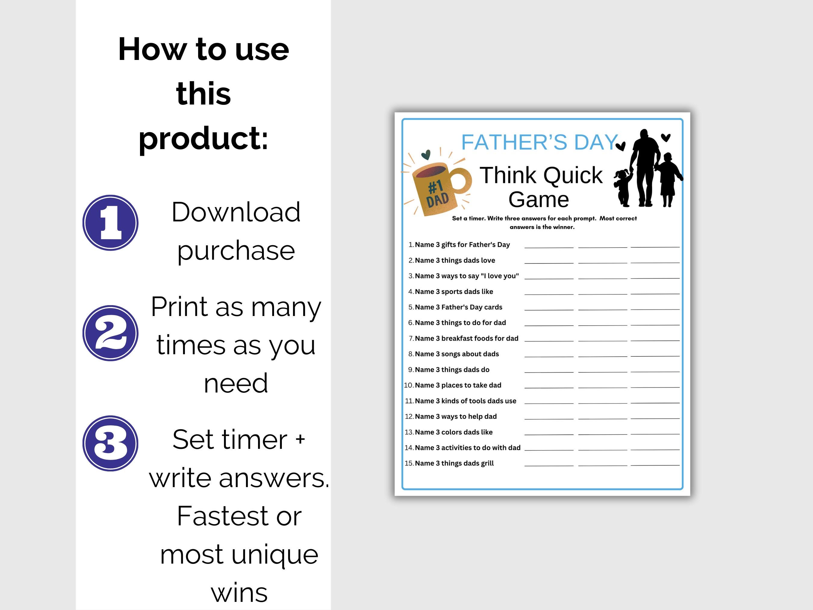 Fathers Day Think Quick, Fathers Day Activity, Fathers Day Printable ...