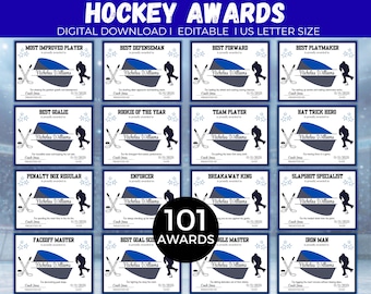 Editable Hockey Award Certificates, 101 Printable End of Season Ice Hockey Team Party Awards, Hockey Certificates, Hockey Superlative Awards