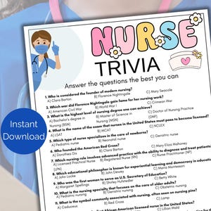 Nurse Trivia Game, Nurse Quiz, Nurse Retirement Party, Printable Nurse Appreciation Game, Nurse Graduation Activity, Healthcare Trivia