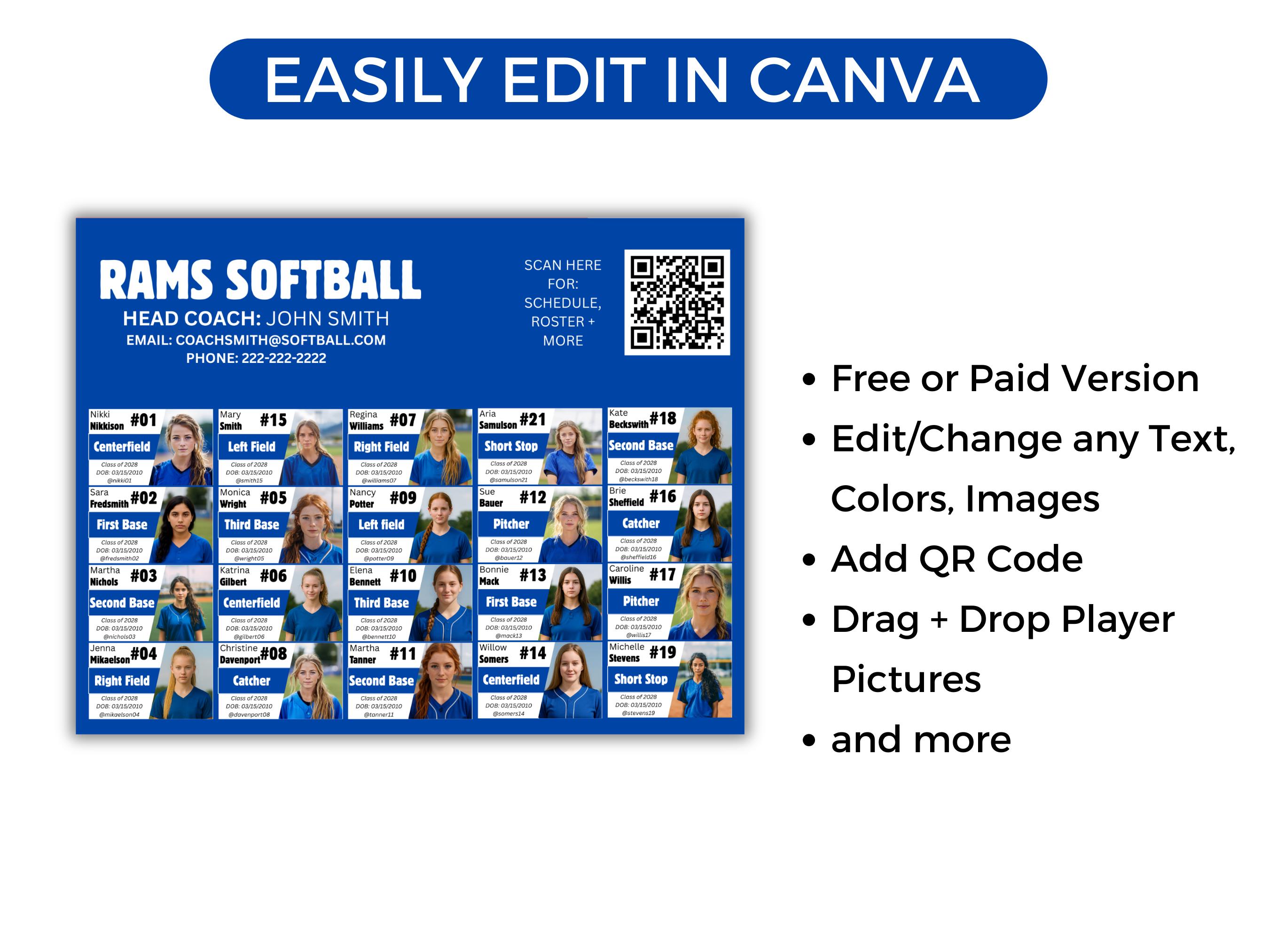 Editable 20 Player Team Roster Template, Customizable Travel Team ...