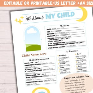 Editable All About My Child Form, Student Information Sheet, Daycare All About My Child Sheet, Child Information Sheet for daycare preschool