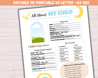 May include: A printable or editable "All About My Child" form on a white background. The form includes sections for personal information, medical details, and favorites, with decorative elements like stars and a crescent moon.