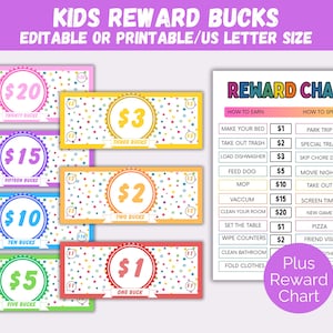 Bearbeitbare Kinderbelohnungsdollar, druckbare Mom Bucks, Kinder Belohnungsgutscheine, Good Behaviour Bucks, Mom Geld, Chore Bucks für Kinder, Belohnungssystem