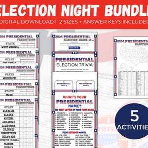 May include: A printable election night bundle with five activities, including a presidential election map, a presidential election trivia game, a "What's Your Presidential Name?" game, and two state prediction sheets. The bundle is available in two sizes and includes answer keys.