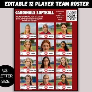 Editable 12 Player Team Roster Template, Customizable Travel Team Roster, Any Sport Canva Template, Softball Team Roster, College Recruiting