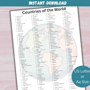 May include: A printed list of "Countries of the World" on white paper, featuring a world map graphic. The list includes countries from Afghanistan to Zimbabwe. The text "Instant Download" is at the top, and "US Letter or A4 Size" is at the bottom.