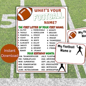 What&#39;s Your Football Name Game + Name Tags, Football Party Game, Tailgate Party Activity, Football Birthday Party Activity