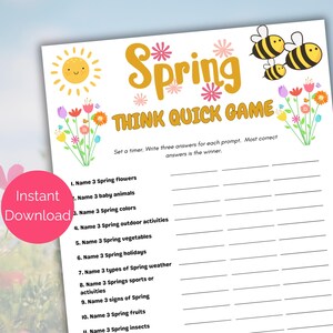 Spring Think Quick, Spring Printable Games, Spring Trivia, Spring Party Game for kids, classrooms, families and homeschool, Spring Activity
