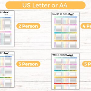 May include: A set of colorful family chore charts, available in US Letter or A4 sizes, designed for 2, 3, 4, and 5 person households. Each chart features sections for daily and weekly chores, with a rainbow color scheme.