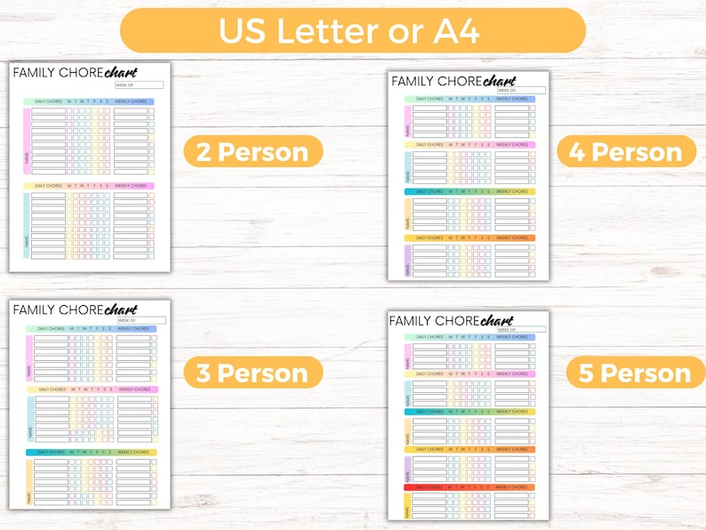 May include: A set of colorful family chore charts, available in US Letter or A4 sizes, designed for 2, 3, 4, and 5 person households. Each chart features sections for daily and weekly chores, with a rainbow color scheme.