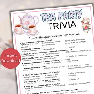 Jeu-questionnaire sur le thé, Quiz sur le thé, Jeu de l'étiquette du thé à imprimer, Activités du goûter, Jeu de l'étiquette du thé, Tea Party dans le jardin