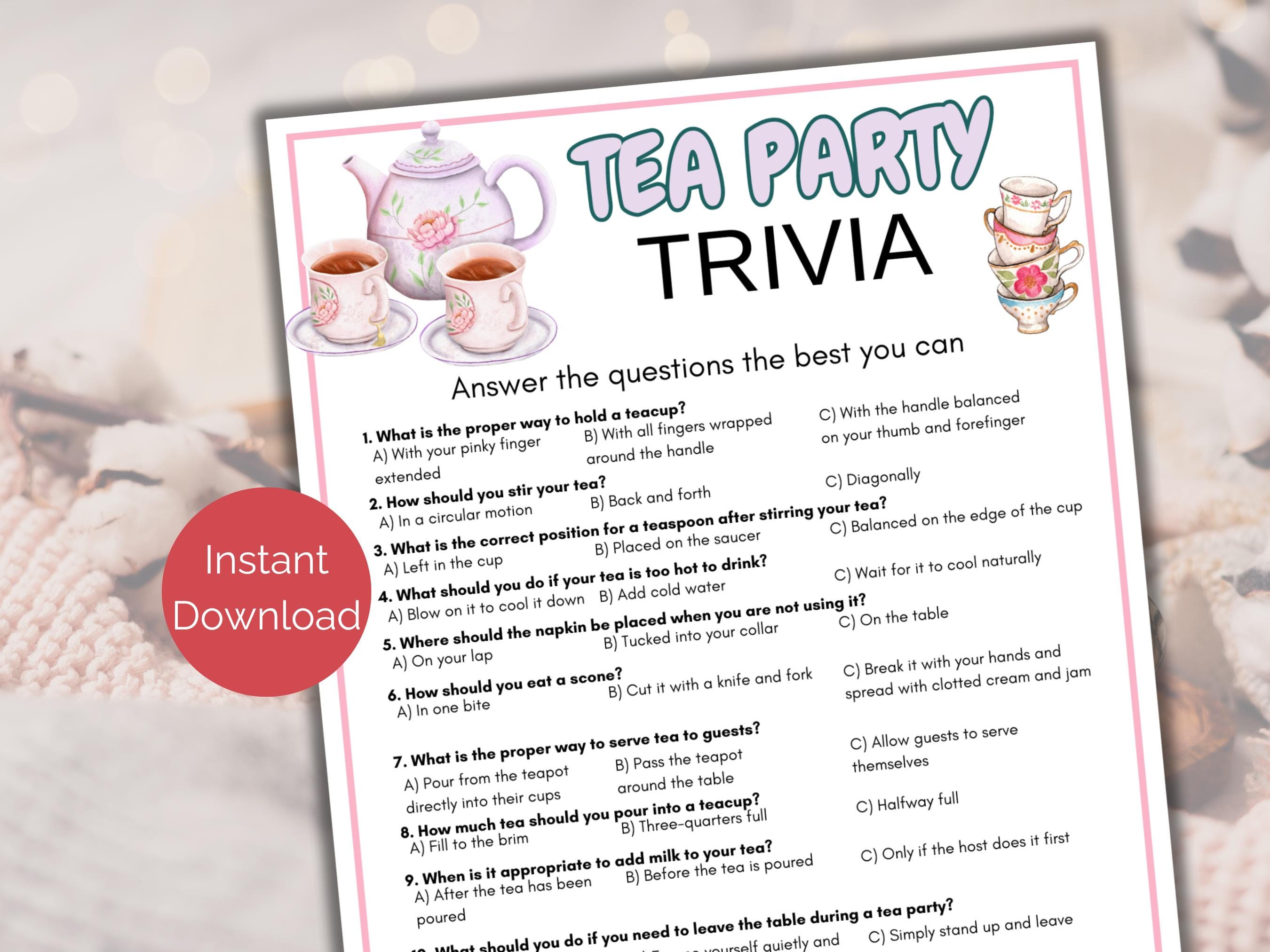 Tea Party Trivia Game, Tea Party Quiz, Tea Party Etiquette Game ...