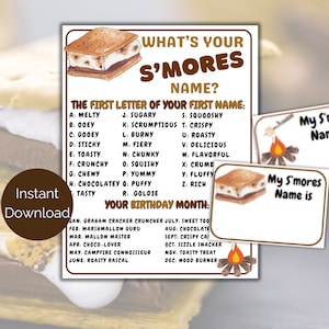 What&#39;s Your S&#39;mores Name Game + Name Tags, S&#39;mores Birthday Party Activity, Camping Birthday Party Game for Kids and Adults