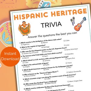 Hispanic Heritage Trivia Game, Hispanic Heritage Quiz, Printable Hispanic Heritage Month Game for kids + adults, Hispanic Heritage Activity