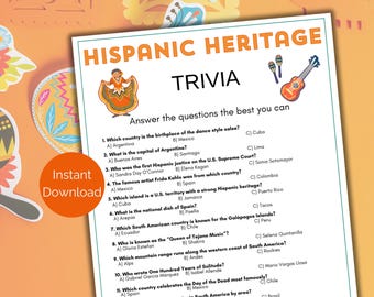Hispanic Heritage Trivia Game, Hispanic Heritage Quiz, Printable Hispanic Heritage Month Game for kids + adults, Hispanic Heritage Activity