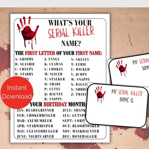 May include: A white sheet with the text "WHAT'S YOUR SERIAL KILLER NAME?" and a red handprint. Includes a list of names based on the first letter of your first name and birth month. Two smaller cards read "MY SERIAL KILLER NAME IS".