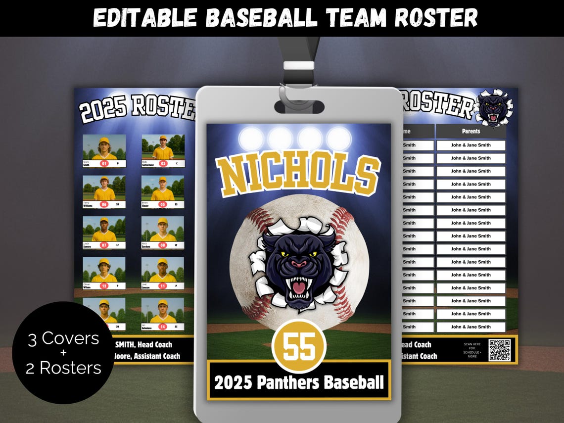 Editable Baseball Roster Editable Baseball Team Roster Template, Custom Baseball Lanyard Team ...