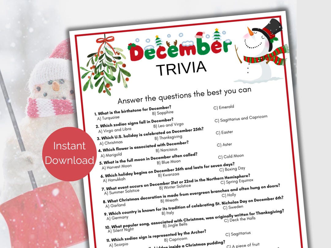 December Trivia Game, Printable December Quiz, Wintertime Activity for ...