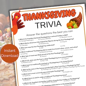 Thanksgiving Trivia Game, Thanksgiving Quiz, Thanksgiving Party Game for kids & adults, Thanksgiving Activity, Thanksgiving Family Game