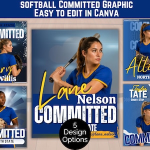 May include: Five digital graphic templates for softball player commitment announcements featuring athletes in blue and yellow uniforms, holding bats or gloves, with customizable text including names like Avery Willis, Lane Nelson, Allie Davis, and Taylor Tate.