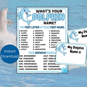 What's Your Dolphin Name Game + Name Tags, Dolphin Birthday Party, Under the Sea Party, Ocean Printable for kids, Dolphin Day Activity