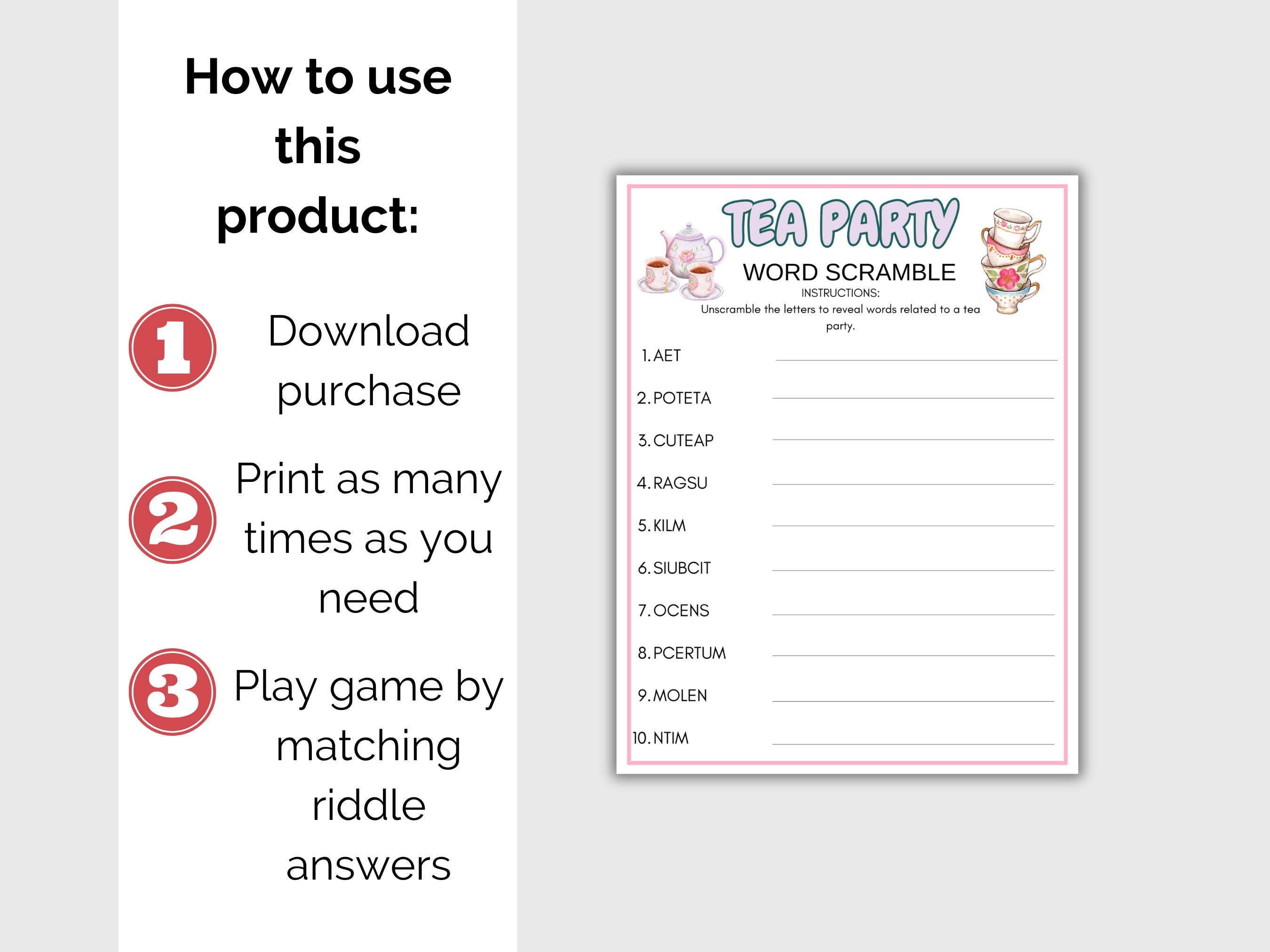 Tea Party Word Scramble Game, Printable Tea Party Games, Garden Party ...