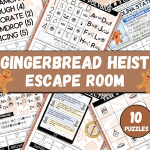 May include: A collection of printable escape room puzzles with a gingerbread theme. The image features various puzzle sheets, including a driver's license, a Polybius cipher, and a phone screen with clues. The title "Gingerbread Heist Escape Room" is prominently displayed.