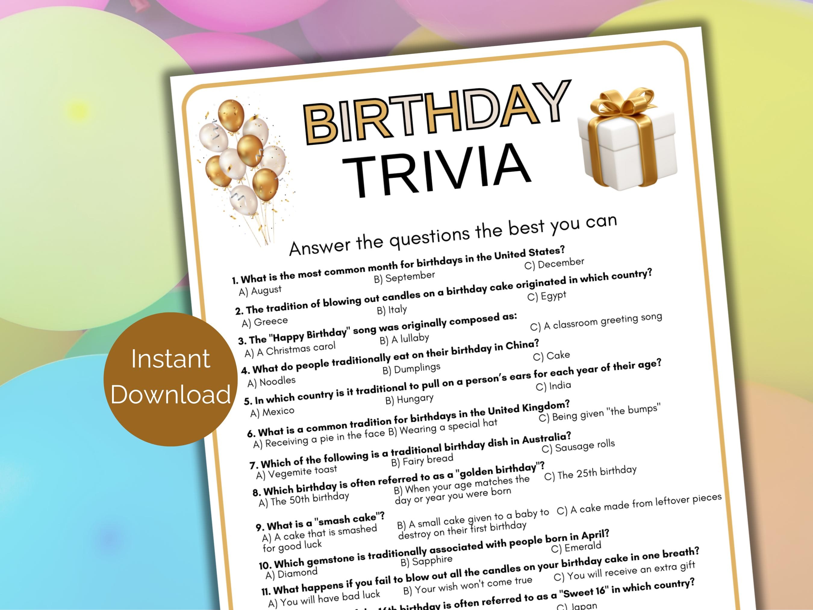Birthday Trivia Game, Birthday Quiz, Birthday Themed Party Game, Birthday Questions & Answers, Printable Birthday Games