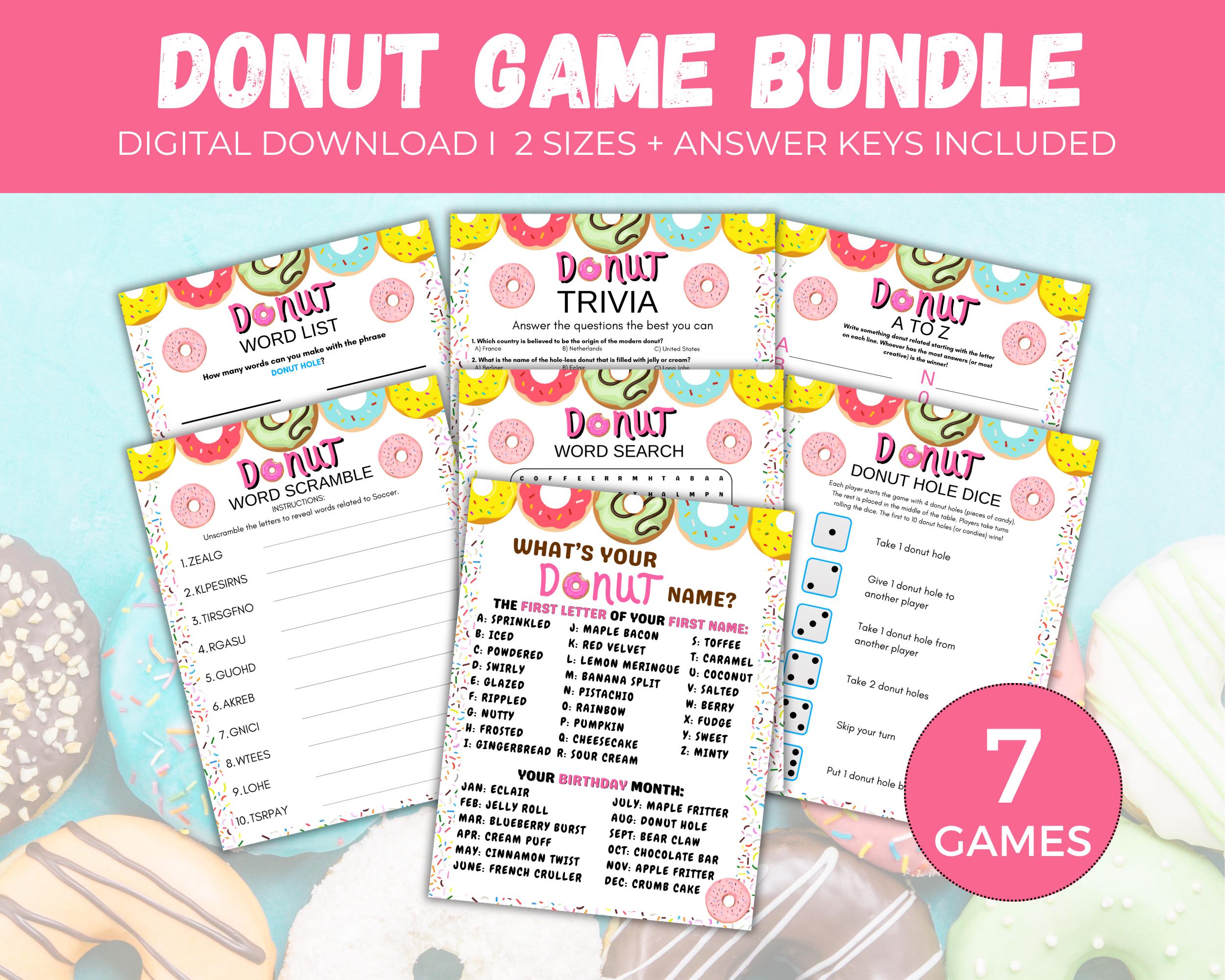 Donut Game Bundle, 7 Printable Donut Party Games, Donut Birthday Activities for Kids, Donut Themed Party Games, National Donut Day Activity