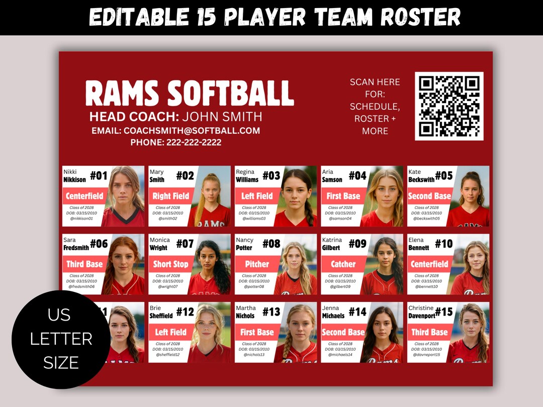 Editable 15 Player Team Roster Template, Customizable Travel Team ...