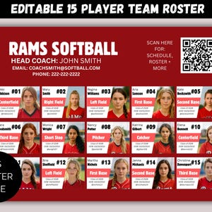 Editable 15 Player Team Roster Template, Customizable Travel Team Roster, Any Sport Canva Template, Softball Team Roster, Basketball Roster