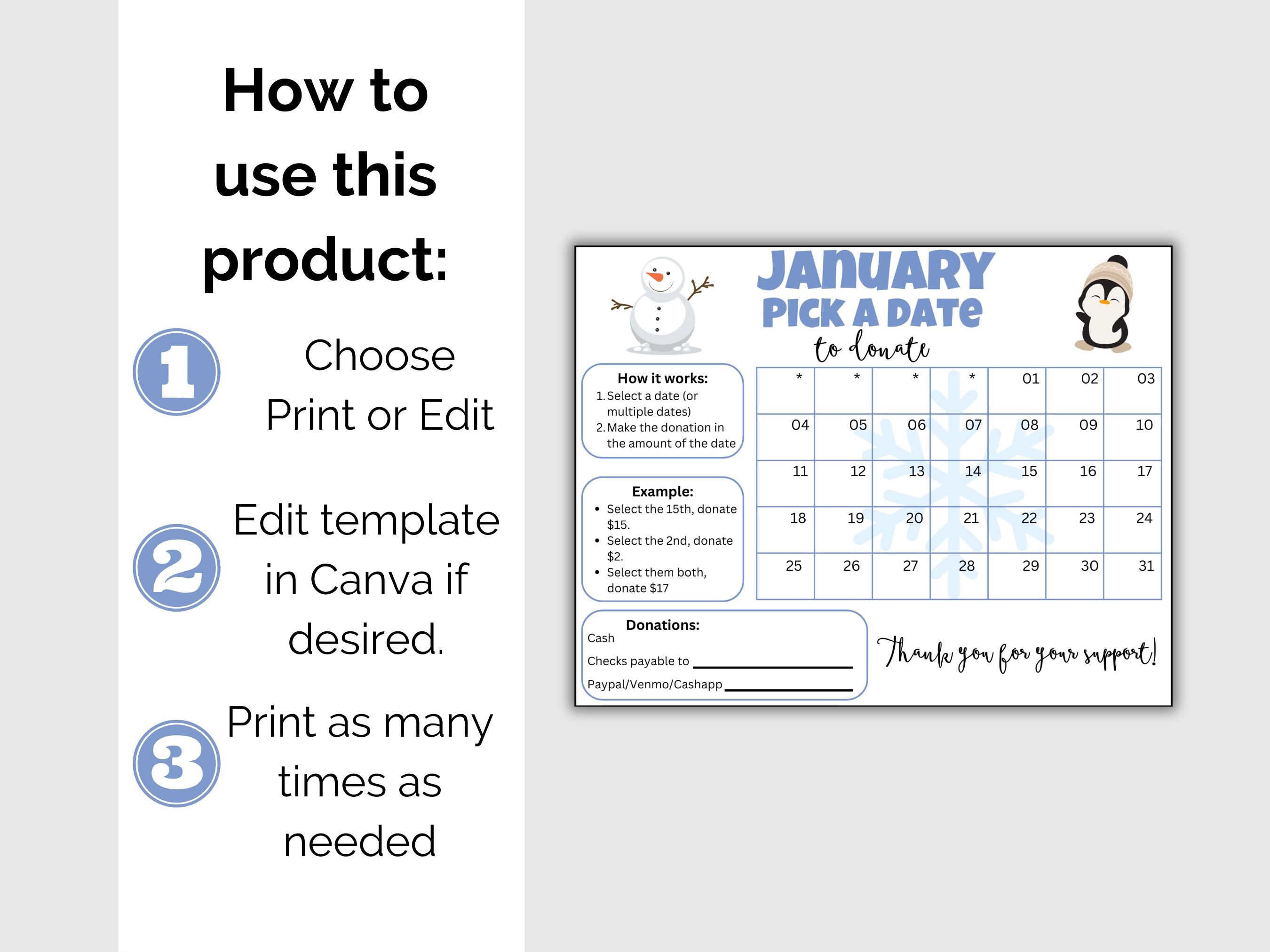 January Raffle Ideas Editable January Pick A Date, January Fundraiser Calendar, Winter ...