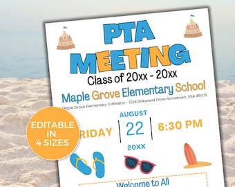 BEWERKBARE PTO PTA-sjabloon augustus vergadering flyer, PTA informatie vergadering flyer, seizoensgebonden pta vergadering flyer, Terug naar school pta vergadering flyer