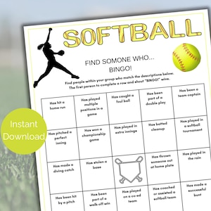 Softball Find Someone Who Game, Softball Team Building Game, Printable Softball Team Ice Breaker, Softball Birthday Party, Softball Games