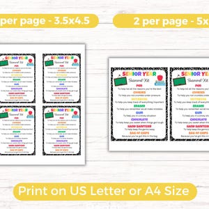 May include: Four printable cards with a black and white chalkboard background. Each card has a colorful title "Senior Year Survival Kit" and lists items like "pen", "cookies", "eraser", "gum", "chocolate", "hand sanitizer", and "bag of chips" with a funny reason for each item. The cards are designed to be printed on 3.5x4.5 inch paper or 5x7 inch paper.
