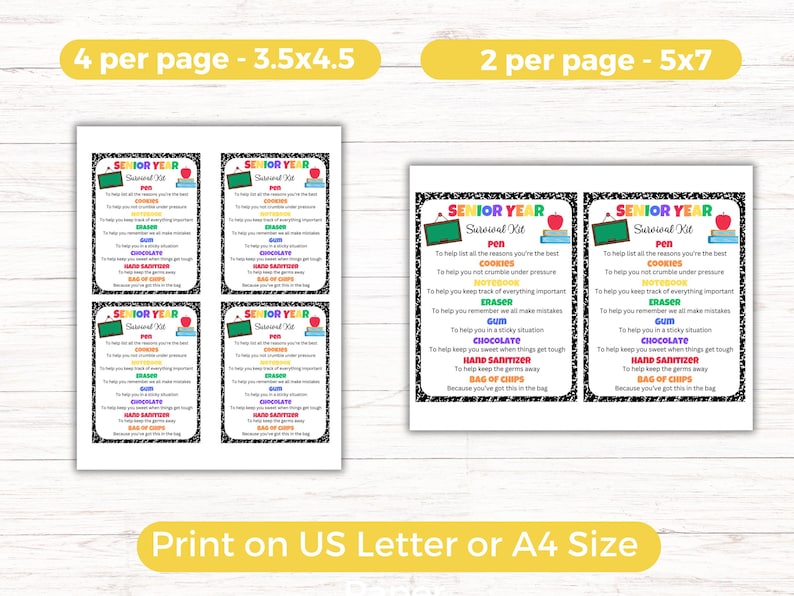 May include: Four printable cards with a black and white chalkboard background. Each card has a colorful title "Senior Year Survival Kit" and lists items like "pen", "cookies", "eraser", "gum", "chocolate", "hand sanitizer", and "bag of chips" with a funny reason for each item. The cards are designed to be printed on 3.5x4.5 inch paper or 5x7 inch paper.